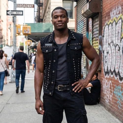 Cekaso Men's Denim Vest Punk Sleeveless Jean Jacket Rocker Studded Vests,Black,L