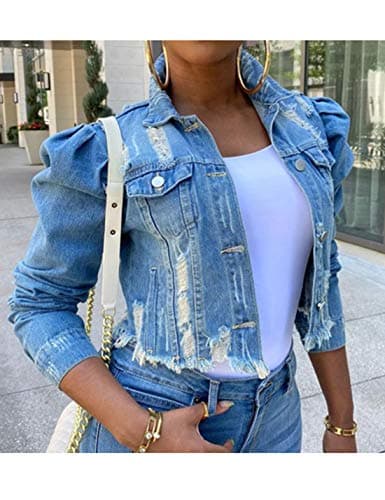 Omoone Women's Ripped Puff Sleeve Denim Crop Top Long-Sleeve Cropped Jean Jacket(1676-Blue-L)