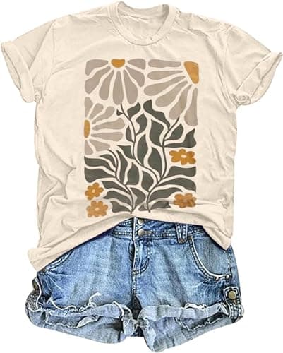 Women's Vintage Floral T Shirt Boho Wildflower Graphic Loose Tees Short Sleeve Casual Tops (Apricot, M)