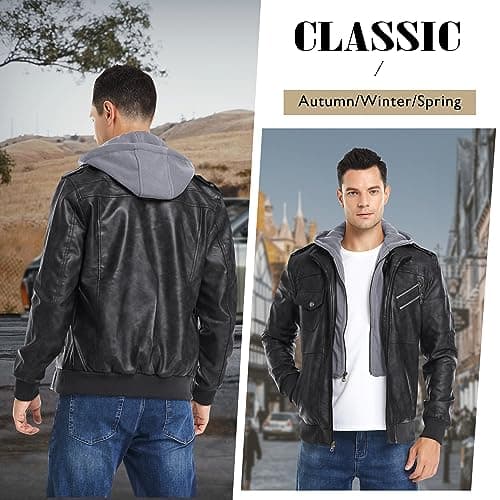 JYG Men's Faux Leather Jacket Stand Collar Motorcycle Bomber Jackets with Removable Hood (Black,L)