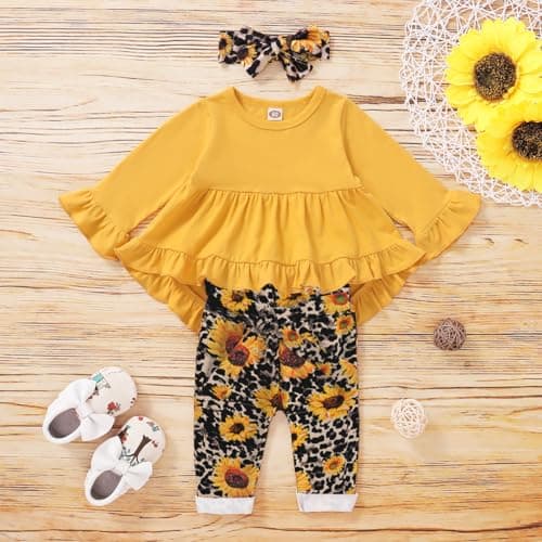 Kucnuzki 18-24 Months Girl Clothing Toddler Girl Clothes Floral Outfits Baby Irregular Hem Linen Top Bowknot Rose Leopard Pants 3Pcs Fall Outfit