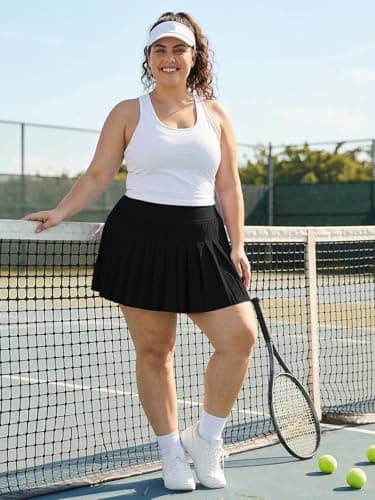 Moon Wood Women's Plus Size Pleated Tennis Skirt- Girls High Waist Athletic Golf Skirts with Shorts Black