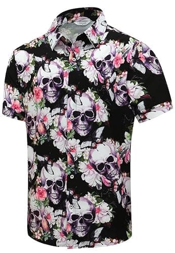 SheLucki Hawaiian Shirt for Men, Unisex Summer Beach Casual Short Sleeve Button Down Shirts, Printed Palmshadow Clothing Skull Pink M