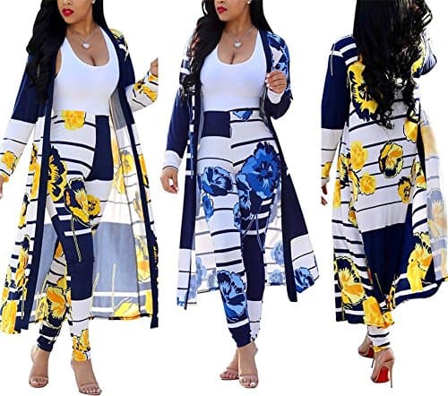 Women's 2 Piece Outfits Stripes Floral Print Open Front Cardigan and Legging Pants Set Blue
