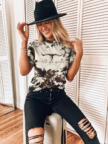 Let's Go Girl Shirt Women Western Bleached T-Shirt Retro Country Music Tee Shirt Cowgirls Shirts Short Sleeve Tops