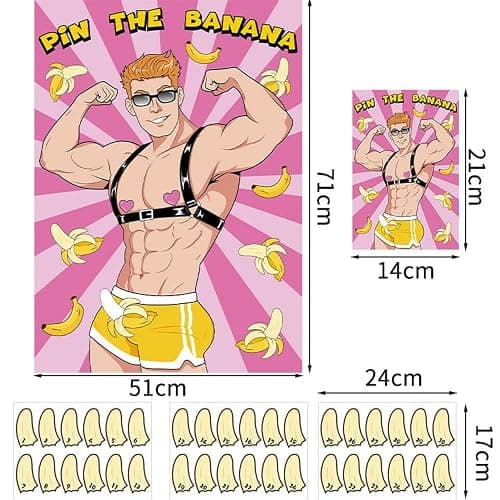 Bachelorette Party Games Pin The Banana on The Hunk Game Funny Bachelorette Party Games with 36 Stickers for Adult Bridal Shower Engagement Bachelorette Party Game Supplies