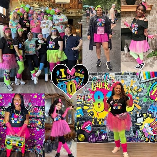 Xintorch 80s Outfit Women Costume Accessories Set T Shirt Leggings Tutu Skirt Neno Party Leg Warmers Headband