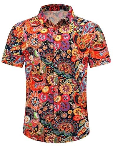 SheLucki Hawaiian Shirt for Men, Unisex Summer Beach Casual Short Sleeve Button Down Shirts, Printed Palmshadow Clothing Paisley Colorful L